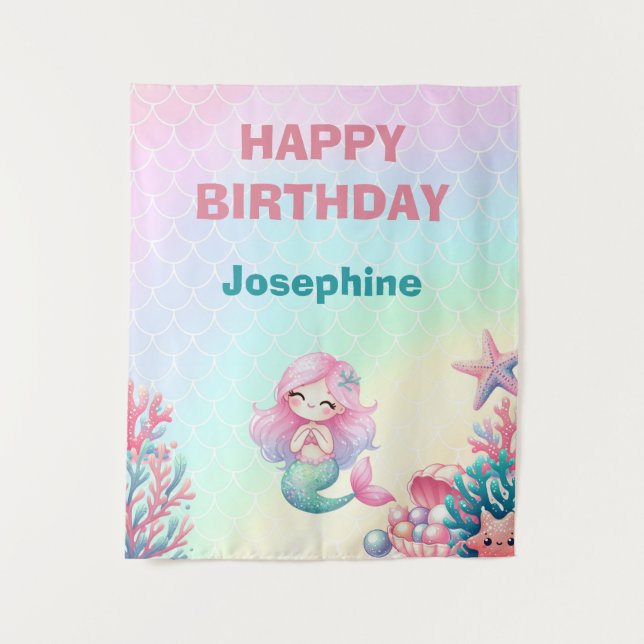 Tapete De Parede Mermaid Tail Teal Pink Girly Birthday (Frente)