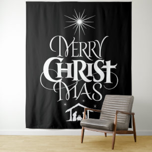 Tapete De Parede Merry CHRISTmas Decotação Religiosa Branco Negro