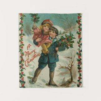 Tapete De Parede Merry Christmas - retro postcard, children, holly