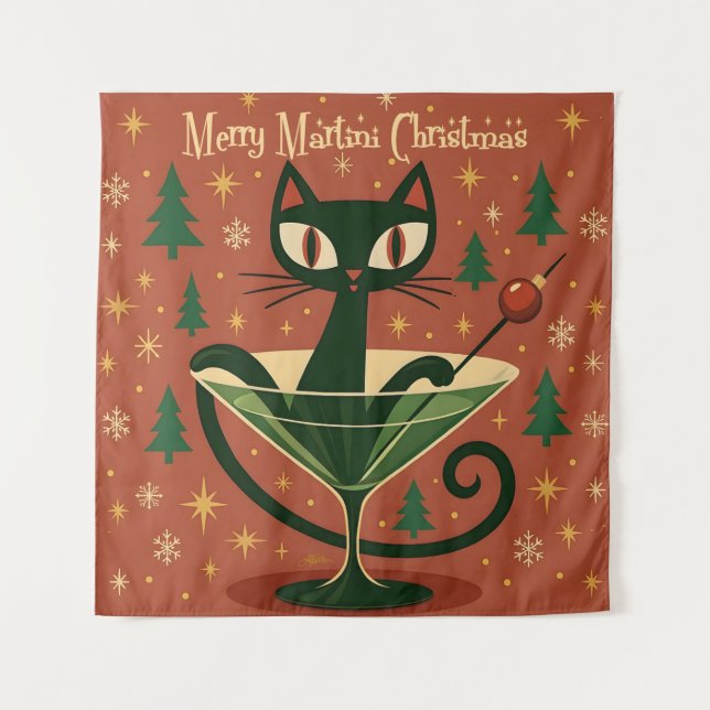 Tapete De Parede Mid Century Black Cat Merry Martini Christmas (Frente)