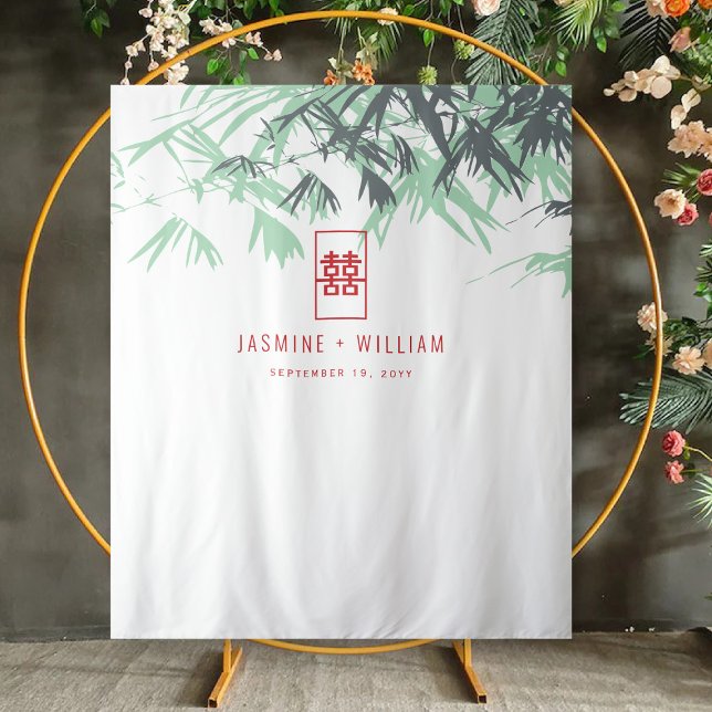 Tapete De Parede Mint Green Bamboo deixa pano de fundo do casamento (Mint Green Zen Bamboo Leaves Double Happiness, Chinese Wedding Backdrop Tapestry @ fatfatin_red_knot)