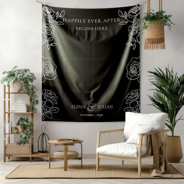 Tapete De Parede Modern Black & White French Roses Wedding Tapestry (Criador carregado)
