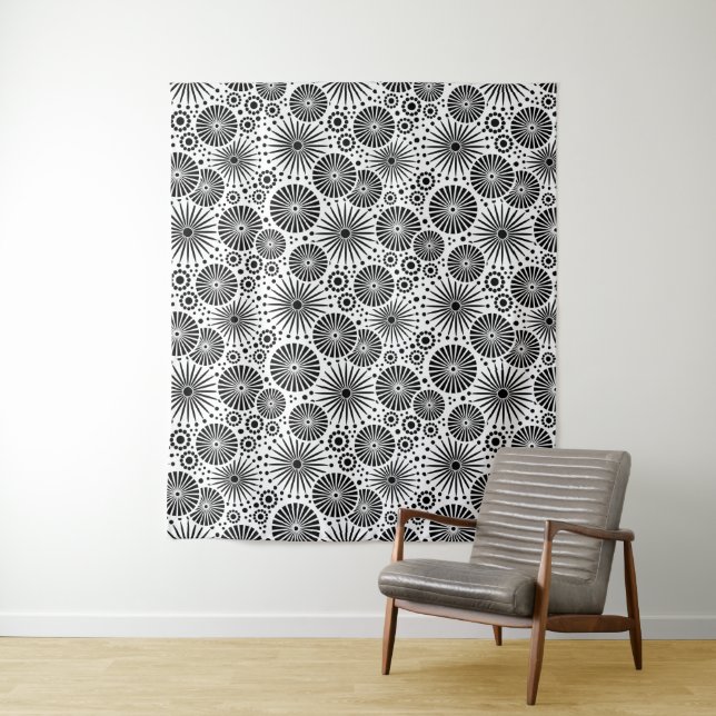 Tapete De Parede Modern Black White Geometric Flowers Starburst  (In Situ)