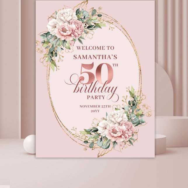 Tapete De Parede Modern Blush Pink Botanical 50th Birthday Backdrop (Modern Blush Pink Botanical 50th Birthday Backdrop)