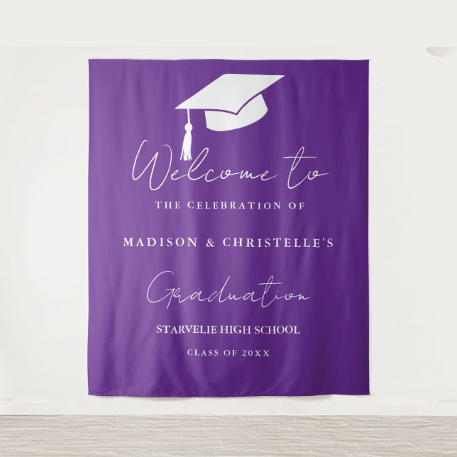 Tapete De Parede Modern Purple Script Twin Graduation Party Welcome (Frente)