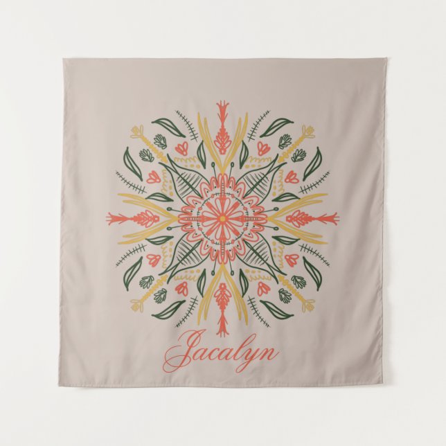 Tapete De Parede Modernidade Botânica Verde Boho Laranja Mandala No (Frente)