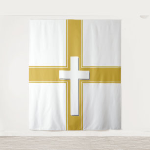 Tapete De Parede Moderno Cruz branca em Dourado e Branco