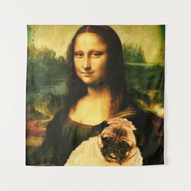 Tapete De Parede Mona Lisa segurando um cachorrinho, Pug ama bicho  (Frente)