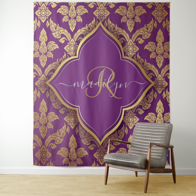 Tapete De Parede Monograma da Fleur Dourada Roxo (In Situ)