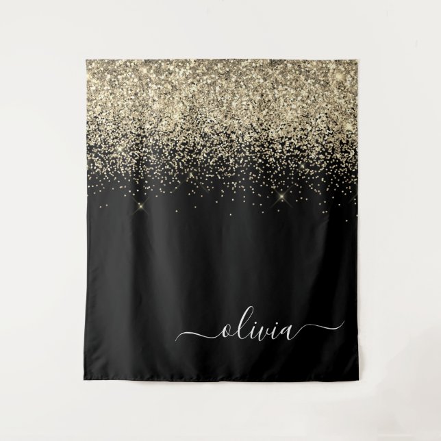 Tapete De Parede Monograma de Nome Glitter Preto Dourado Feminino (Frente)