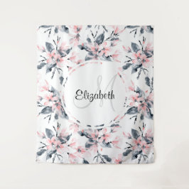 Tapete De Parede Monograma de Padrão Flor de Aquarela Rosa e Cinza