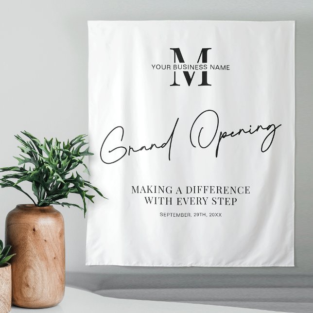 Tapete De Parede Monograma minimalista de grande abertura comercial (Modern business Grand Opening event branded tapestry in black & white with your monogram)