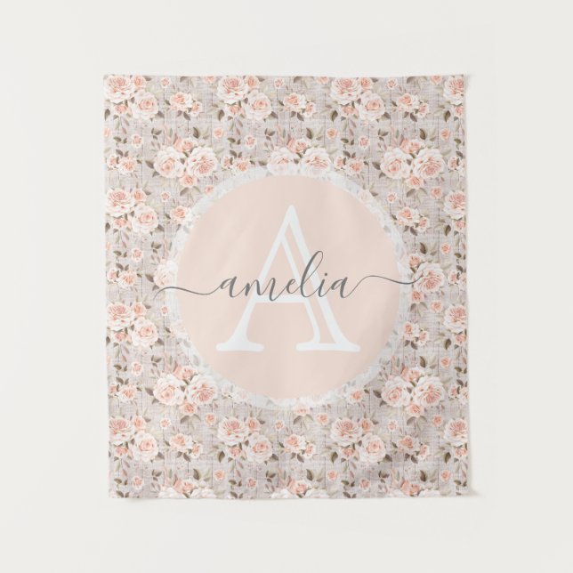 Tapete De Parede Monograma Nome Madeira russa e Rosas de vinagre Ro (Frente)