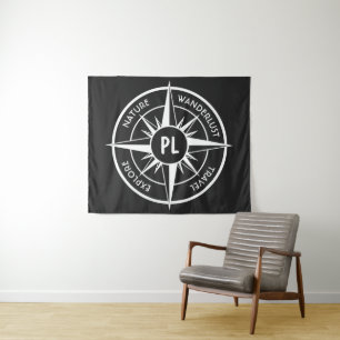Tapete De Parede Monograma preto e branco do emblema da estrela da 