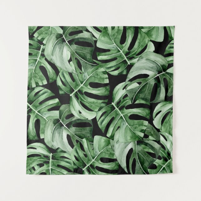 Tapete De Parede Monstera Escura: Impressão Tropical Watercolor. (Frente)