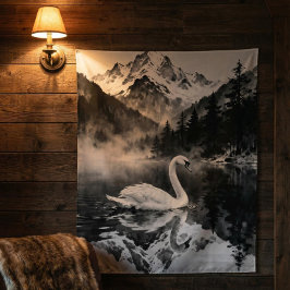 Tapete De Parede Montanha do Lago dos Cisnes | Arte em tinta preta 