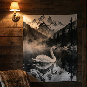 Tapete De Parede Montanha do Lago dos Cisnes Arte em tinta preta