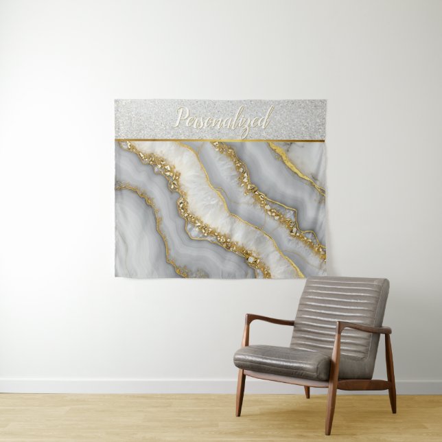 Tapete De Parede Montanha líquida branca e Dourada personalizada (In Situ (Horizontal))