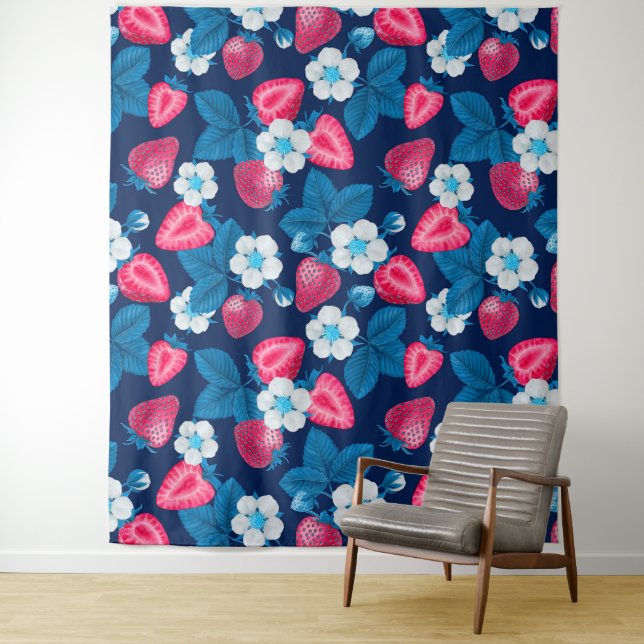 Tapete De Parede Morangos cor-de-rosa em azul (In Situ)