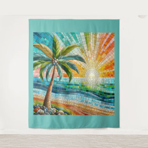 Tapete De Parede Mosaico Praia Tropical Sunset Palm Tree Lg