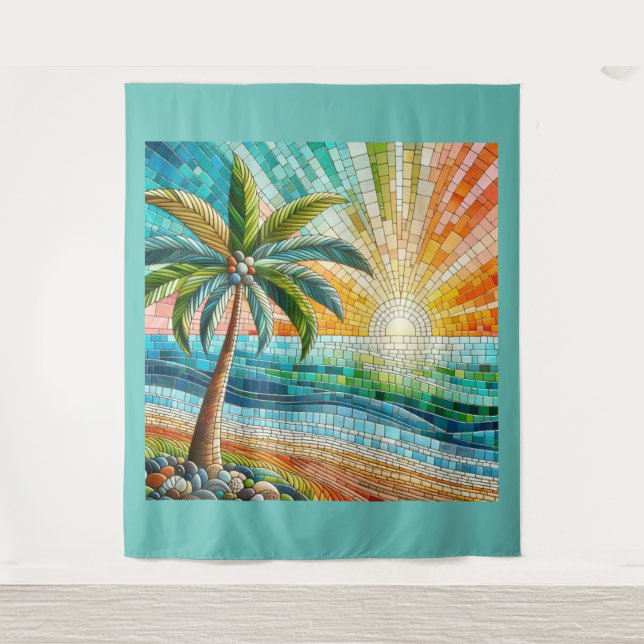 Tapete De Parede Mosaico Praia Tropical Sunset Palm Tree Lg (Frente)