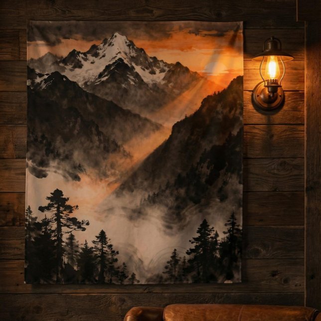 Tapete De Parede Mountain Sunset Tapestry | Golden Light Ink Art  (Criador carregado)