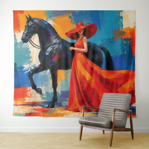 Tapete De Parede Mulher Elegante de Vermelho com Cavalo Preto