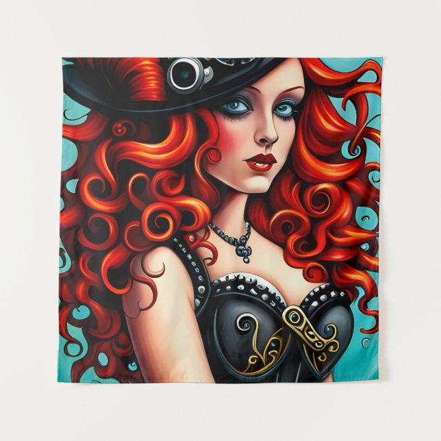 Tapete De Parede Mulher Steampunk de Cabelo Vermelho (Frente)