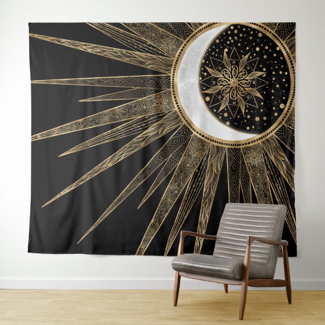 Tapete De Parede Mystic Black Dourado Sun Moon Mandala (In Situ (Horizontal))