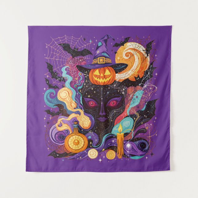 Tapete De Parede Mystical Halloween Witch and Pumpkin (Frente)