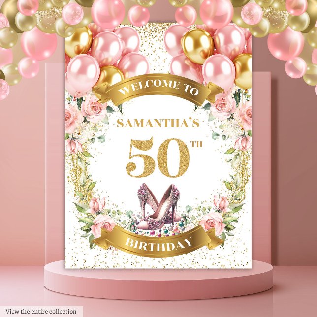 Tapete De Parede Na moda 50º Aniversário do Escoamento Flores Doura (Stylish 50th Birthday Blush Flowers Gold Glitter Tapestry)