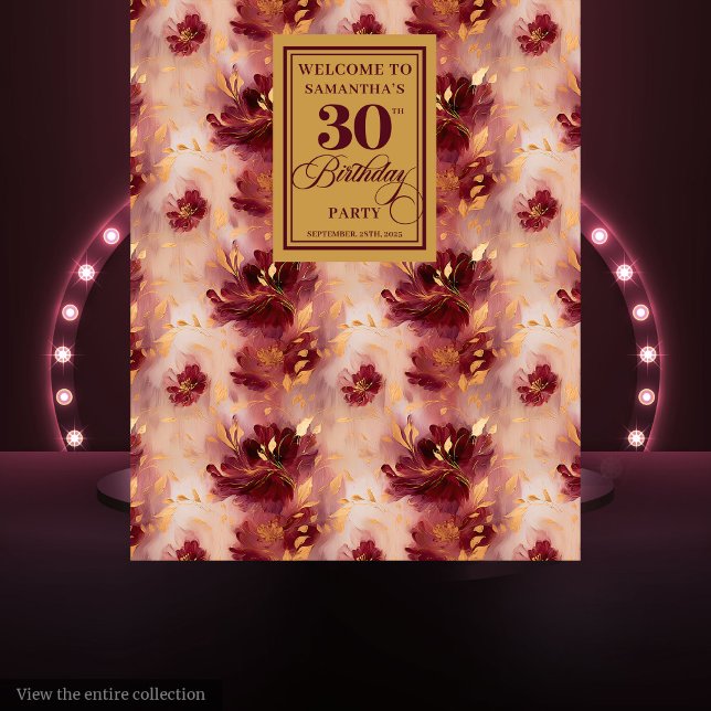 Tapete De Parede Na moda Burgundy Blush Dourada aniversário de 30 a (Stylish Burgundy Blush Gold 30th Birthday Tapestry)