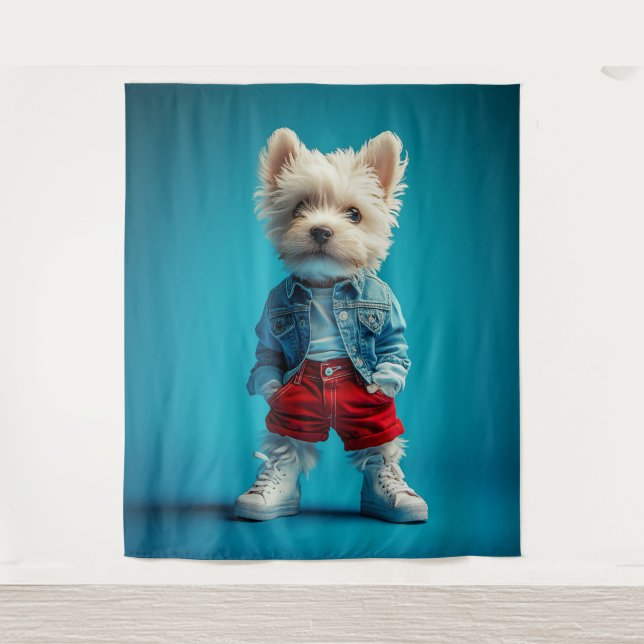 Tapete De Parede Na moda Westie Pup em Denim e Sneakers (Frente)