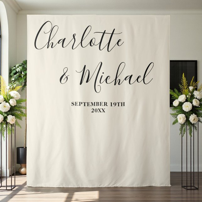 Tapete De Parede Natural White Script Minimalist Wedding Backdrop (Criador carregado)