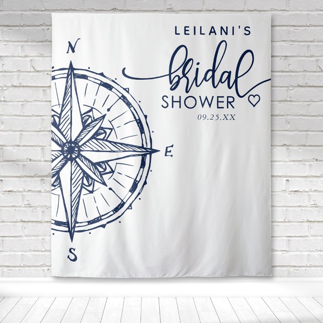 Tapete De Parede Nautical Compass Bridal Shower Tapestry (Nautical Bridal Shower with a navy compass rose with a white background backdrop for photo ops.)