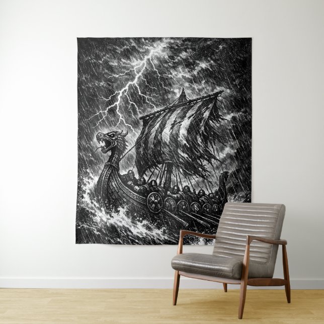 Tapete De Parede Navio Viking no Temporal — Ink Saga Art (In Situ)
