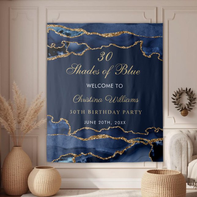 Tapete De Parede Navy Blue & Gold Shades of Blue Birthday Backdrop (Elegant Navy Blue & Gold Shades of Blue Birthday party Backdrop)