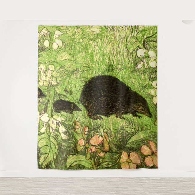 Tapete De Parede Neerlandês Art Nouveau Hedgehog e Bebês (Frente)