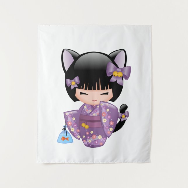 Tapete De Parede Neko Kokeshi Doll - Cat Ears Geisha Girl (Frente)