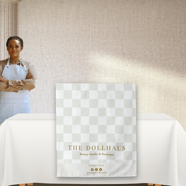 Tapete De Parede Neutral Tan Checkered Business Name Table Runner (Criador carregado)