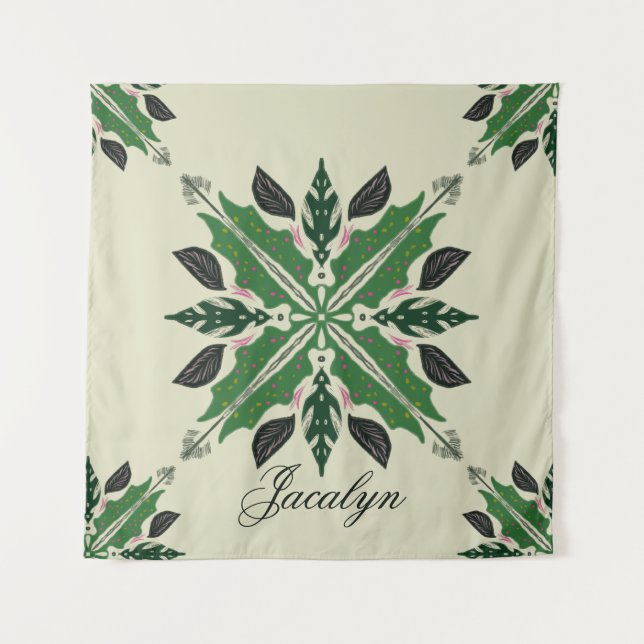 Tapete De Parede Nome Botânico de Planta Verde Boho Mandala (Frente)