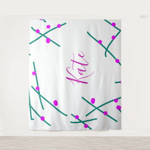 Tapete De Parede Nome da árvore de cerejeira verde rosa boho retrô