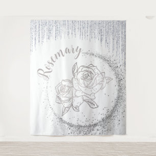 Tapete De Parede Nome do Monograma Glitter Silver e Rosas em branco