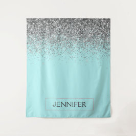 Tapete De Parede Nome Monograma Glitter Feminino Azul Teal Prata