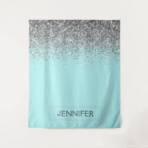 Tapete De Parede Nome Monograma Glitter Feminino Azul Teal Prata