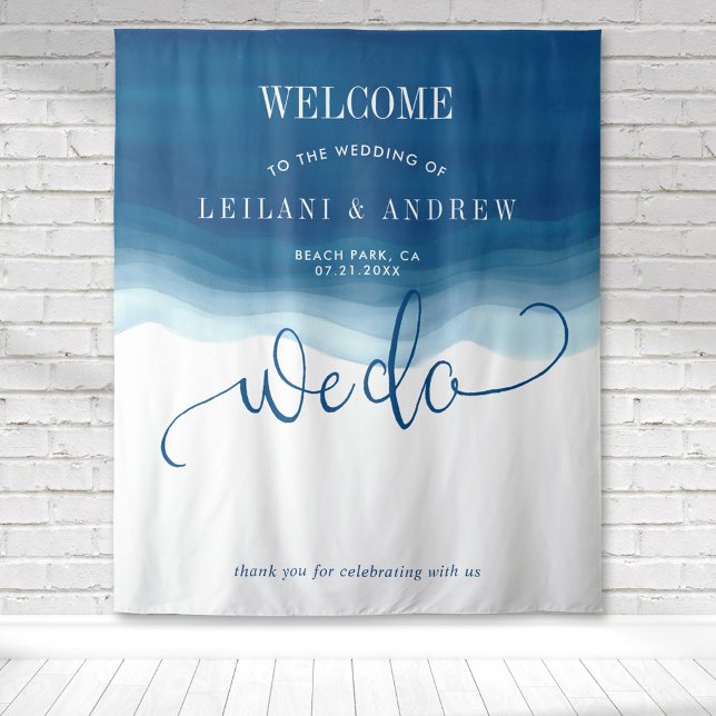 Tapete De Parede Nós Fazemos Azul Ombre Aquarela Onda Casamento (We do ombre watercolor wedding welcome backdrop for photo ops for your beach inspired reception)