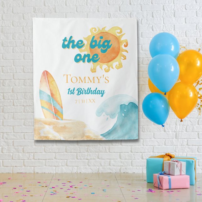 Tapete De Parede O grande plano de fundo do primeiro aniversario Wa (The Big One Watercolor Beach 1st Birthday Backdrop)