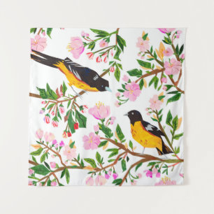 Tapete De Parede O padrão é com pássaros e flores. É creat