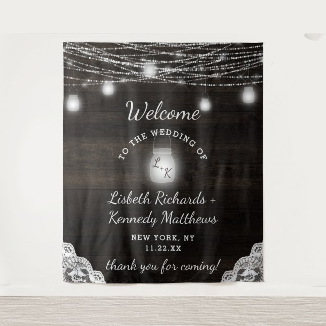 Tapete De Parede Oak Ridge Rustic Wood & Mason Jars Wedding Welcome (Frente)
