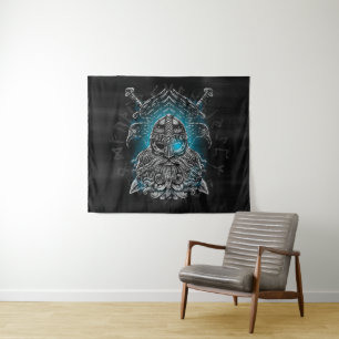 Tapete De Parede Odin com corvos e espadas Mitologia Viking azul